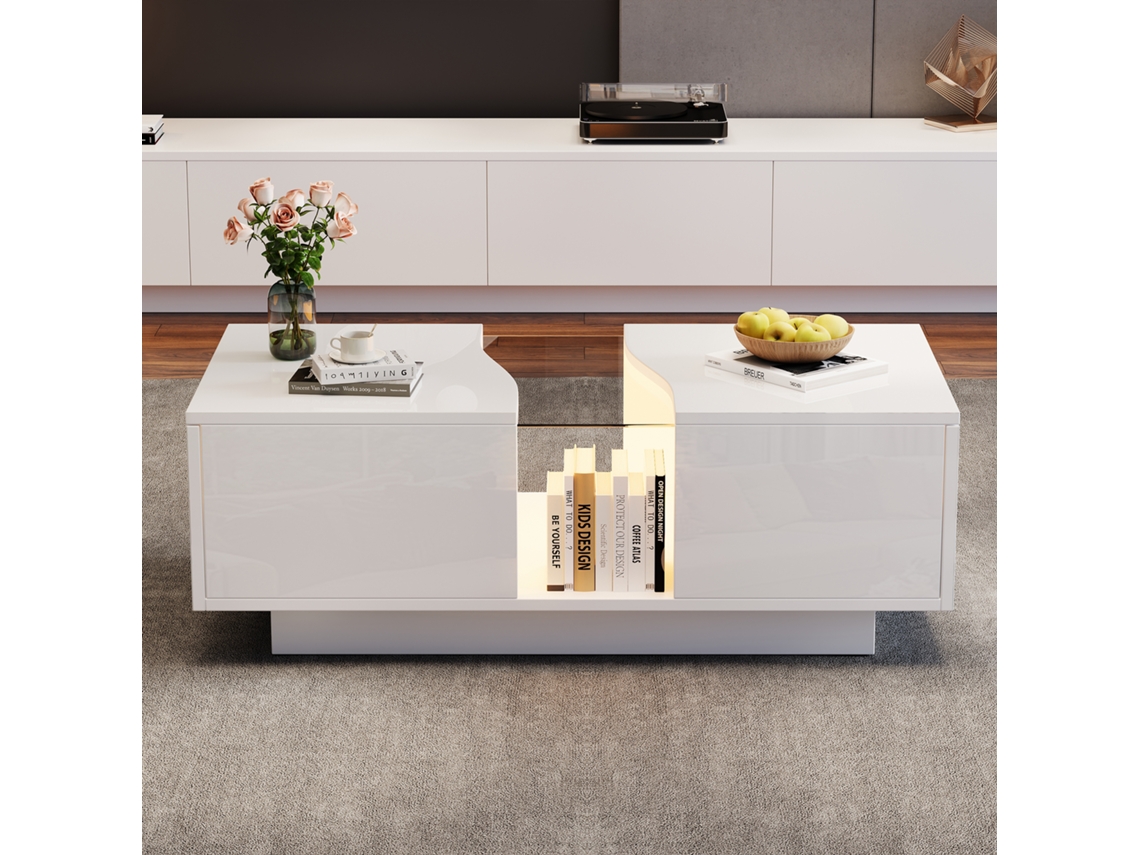 Mesa de centro moderna con LED y 2 cajones 100x50x35 cm MDF estilo blanco