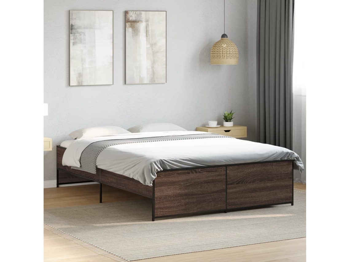 Estructura Cama Madera Ingeniería Metal Marrón Roble 140x190 Cm