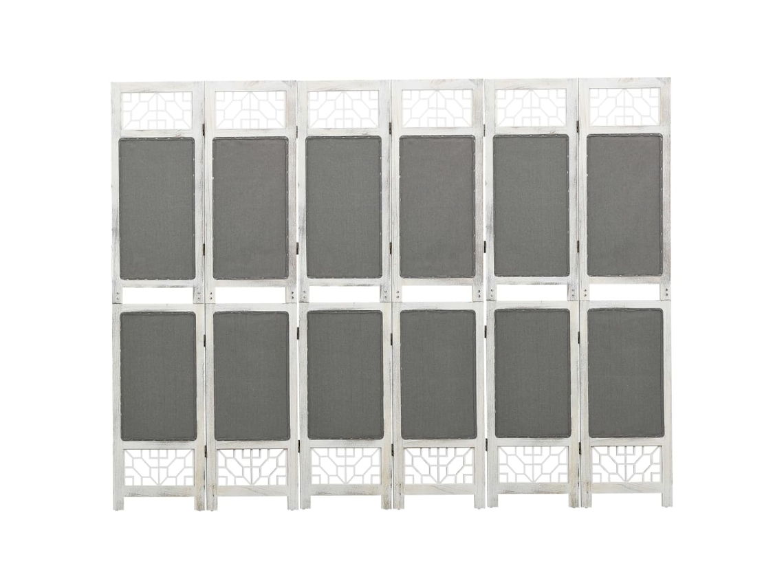 Biombo separador de ambientes, 6 paneles, 210 x 165 cm, tela gris y madera blanca, Dec031073