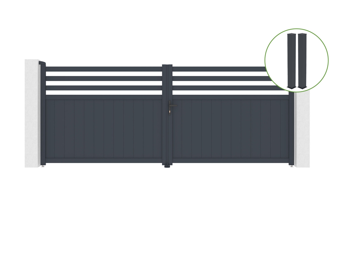 Puerta abatible 4m NEVIS H.160cm aluminio gris 2 postes 20x20cm H.190cm CASANOOV