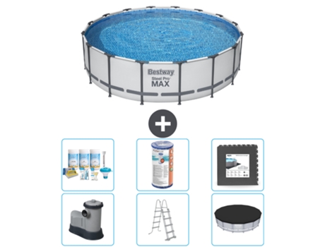 Piscina BESTWAY Round Steel Pro MAX - 488 x 122 cm - Gris - Bomba incluida - Escalera - Cobertor Paquete de mantenimiento - Filtrar - Baldosas