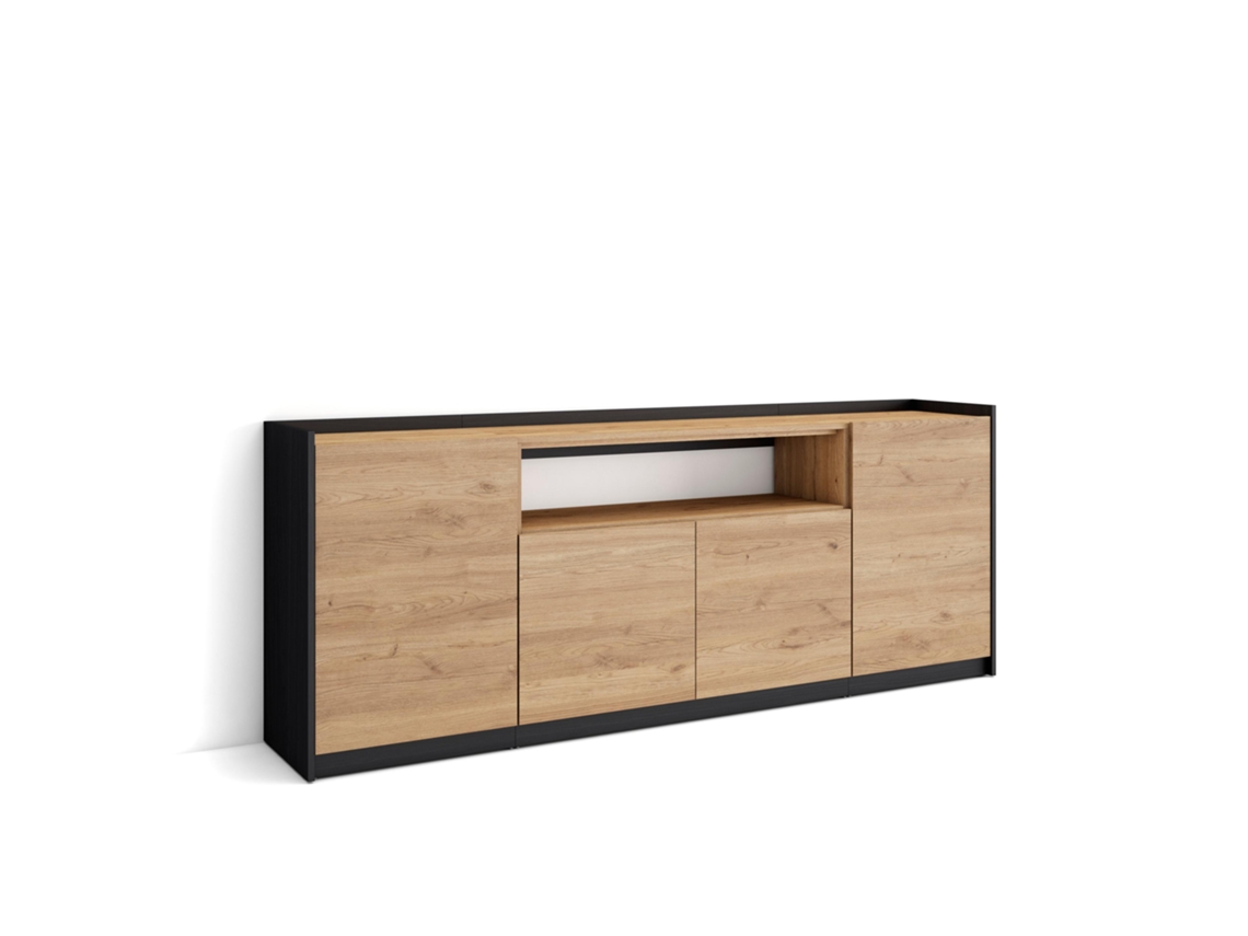 Aparador de comedor, 207x37x80cm, 4 puertas, armario de almacenamiento, roble y negro.