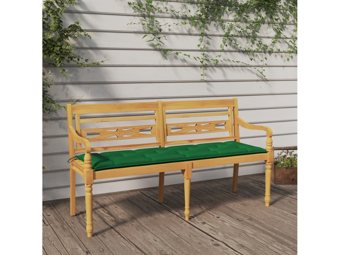 Lovely Home Banco Batávia con Cojín Verde 150 Cm Madera de Teca Maciza