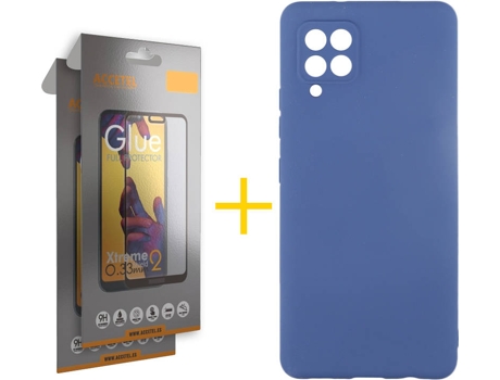 Carcasa y 2 Protectores de Pantalla de Vidrio Full Samgung A42 4G ACCETEL Silicona Líquida Azul