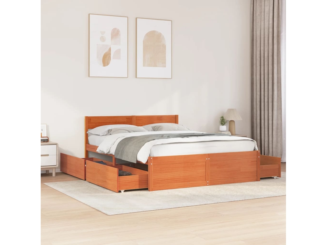 Cama Sin Colchón Madera Maciza De Pino Marrón Cera 160x200 Cm