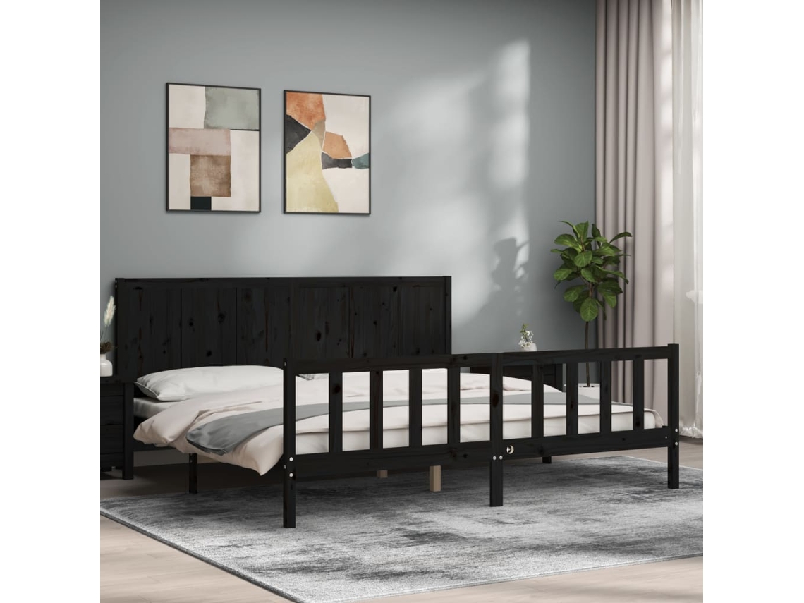 Estructura De Cama Con Cabecero Madera Maciza Negro 200x200 Cm
