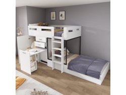 Cama Litera 90x200 - Con Escritorio Extraíble, Armario, Estantes, Escalera - Blanco+negro