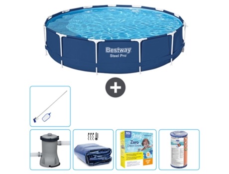 Piscina BESTWAY Round Steel Pro - 396 x 84 cm - Azul - Bomba incluida Vela solar - Paquete de mantenimiento - Filtrar - kit de limpieza