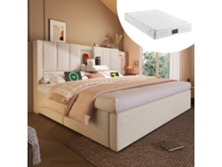 Cama Tapizada 160x200 Cm - Con Almacenamiento, Soporte Para Bebidas Y Carga, Lino Beige