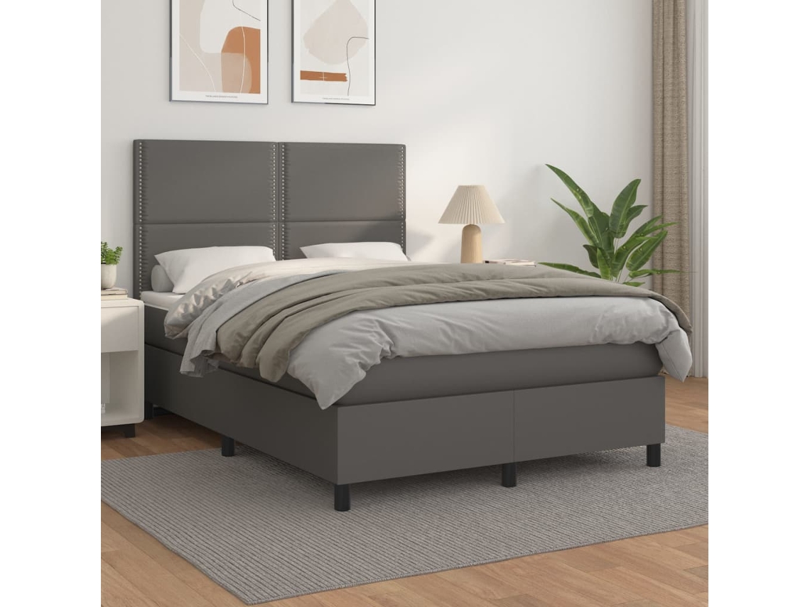 Cama Box Spring Con Colchón Cuero Sintético Gris 140x190 Cm