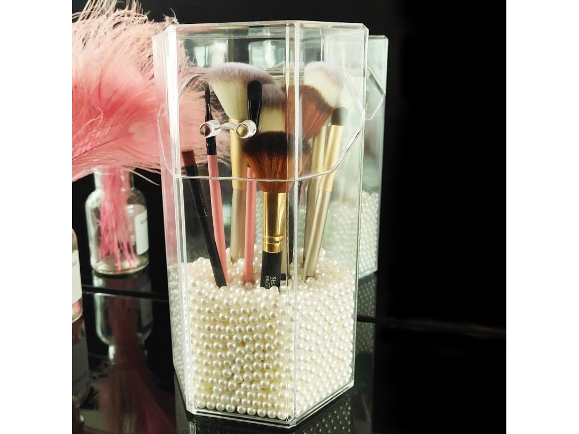 Porta Brochas De Maquillaje Hexagonal De Acrílico Con Tapa Transparente, Dustproof, Include Perlas Blancas, Organizador Para Baño Y Tocador