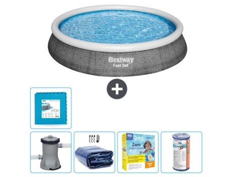 Piscina hinchable redonda Fast Set BESTWAY - Estampado ratán - 396 x 84 cm - Bomba incluida Vela solar - Paquete de mantenimiento - Filtrar - Baldo...
