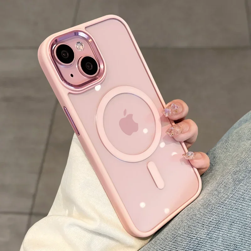 (iphone 14 Pro Max, Rosa) Funda Protectora Transparente Magnética Para Carga Inalámbrica Magsafe, Marco A Prueba De Golpes.