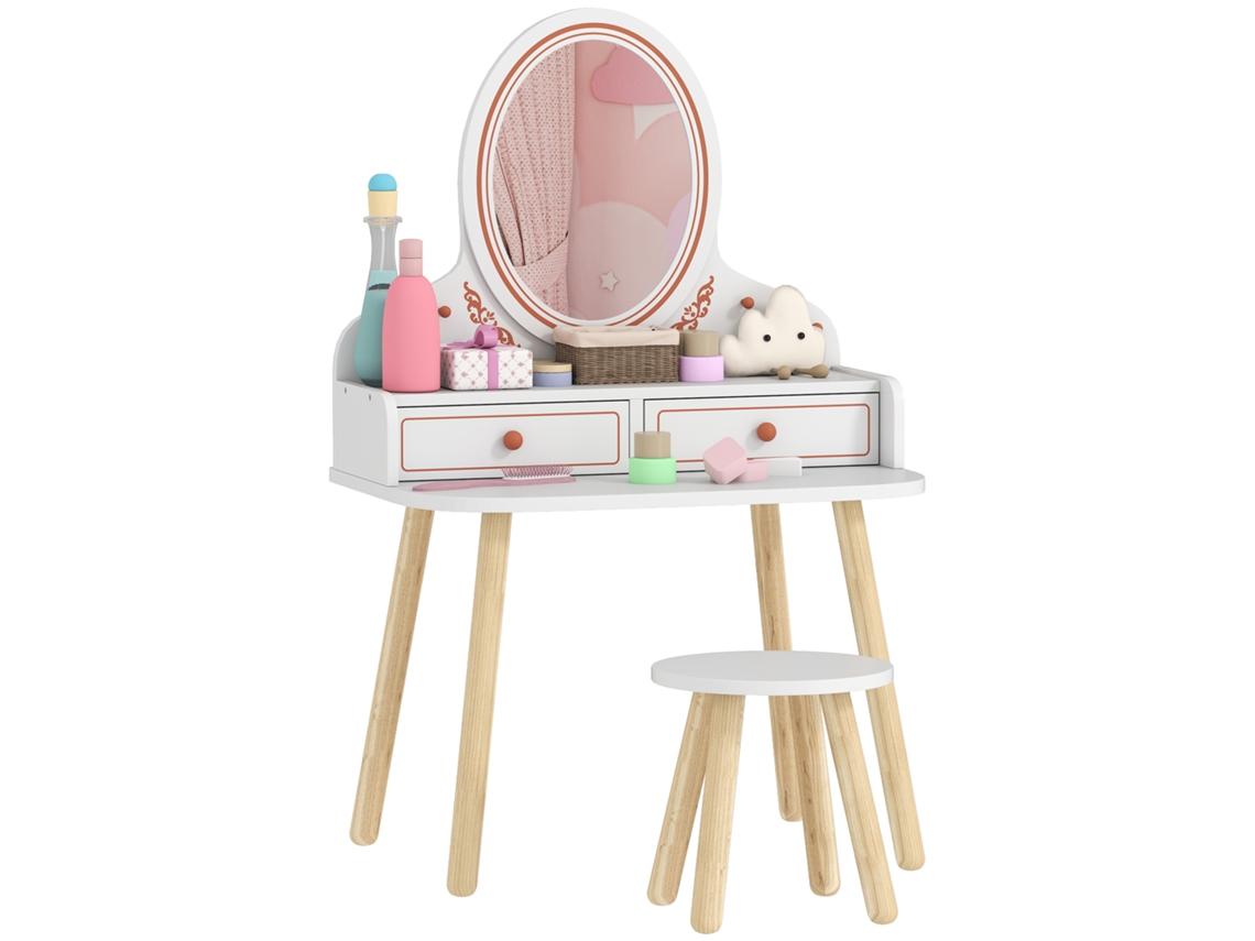 Tocador De Maquillaje Niña Tocador Infantil Con Taburete Y Espejo 2 Cajones Y Barras Colgantes 3 A 8 Años Blanco