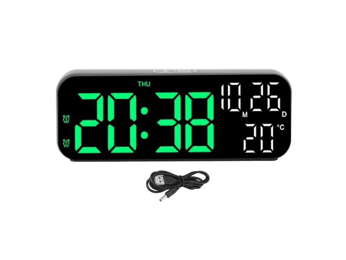 Reloj digital LED Baok con doble pantalla, control por voz, brillo ajustable, fecha, temperatura, temporizador de cuenta regresiva y alarma, en color negro y verde.