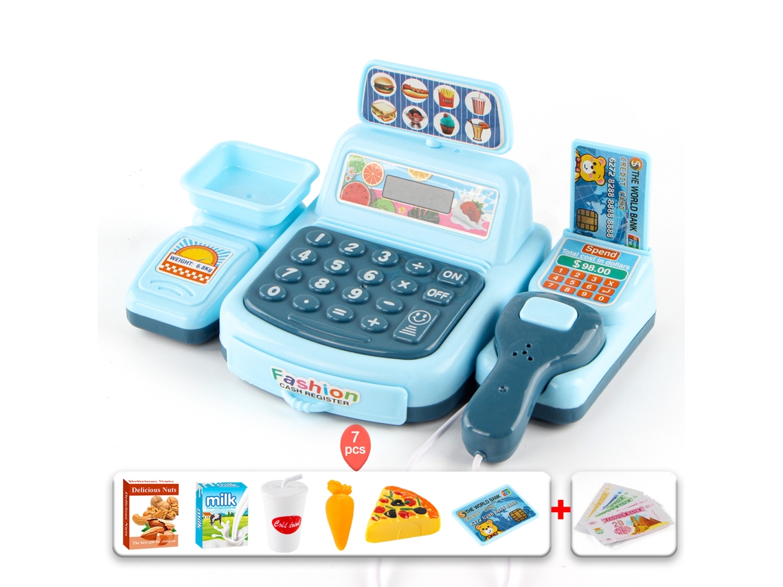 Juega a simular con una caja registradora de juguete. Caja registradora azul + Pizza CHENNNLS