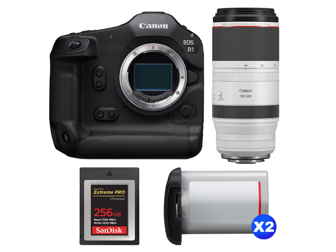 EOS R1 + RF 100 500mm F/4.5 7.1 L IS USM + 1 Sandisk 256GB Extreme Pro Cfexpress Tipo B + 2 Canon LP E19 + Libro electrónico Pricedirect CANON