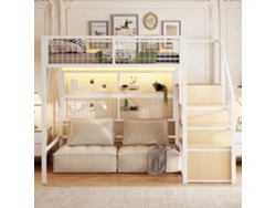 Cama alta de metal Mobrio de 140 x 200 cm con escalera de seguridad, iluminación LED controlada por app y espacio de almacenamiento debajo de la cama, color blanco