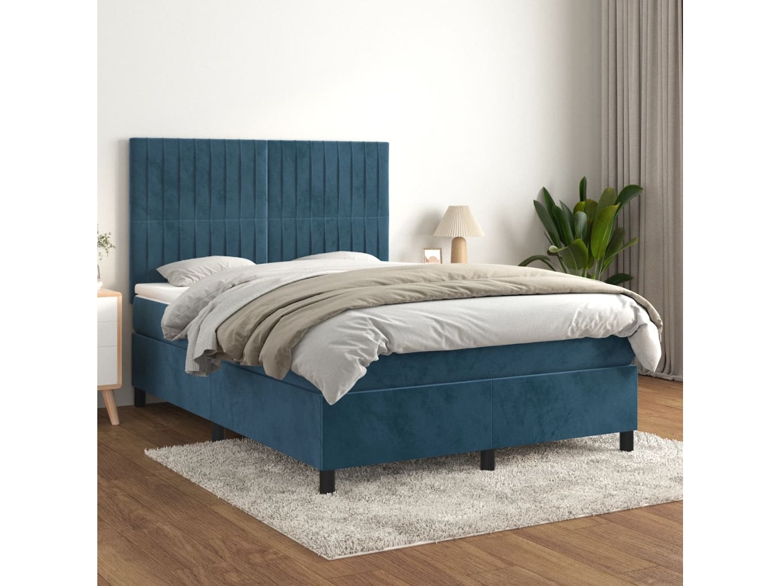 Cama Box Spring Con Colchón Terciopelo Azul Oscuro 140x190 Cm