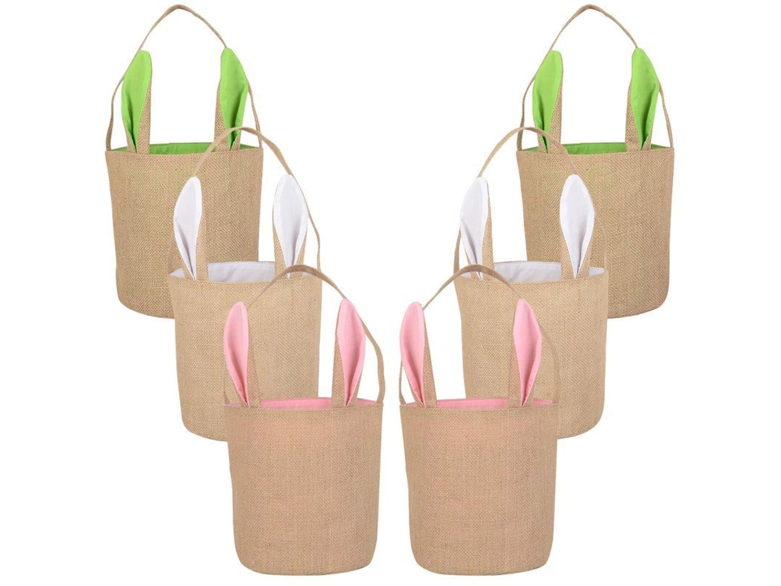 2026-6 Canastas De Conejo Pascua Con Orejas, Bolsas De Lona Reutilizables Para Cazar Huevos Y Regalos