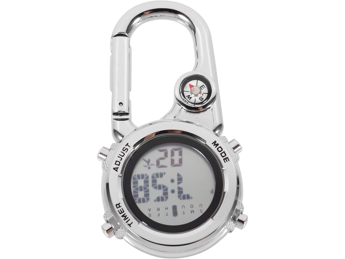 Reloj Colgante Multifuncional Para Escalada, De Metal Plateado Con Números Negros Y Clip Resistente.