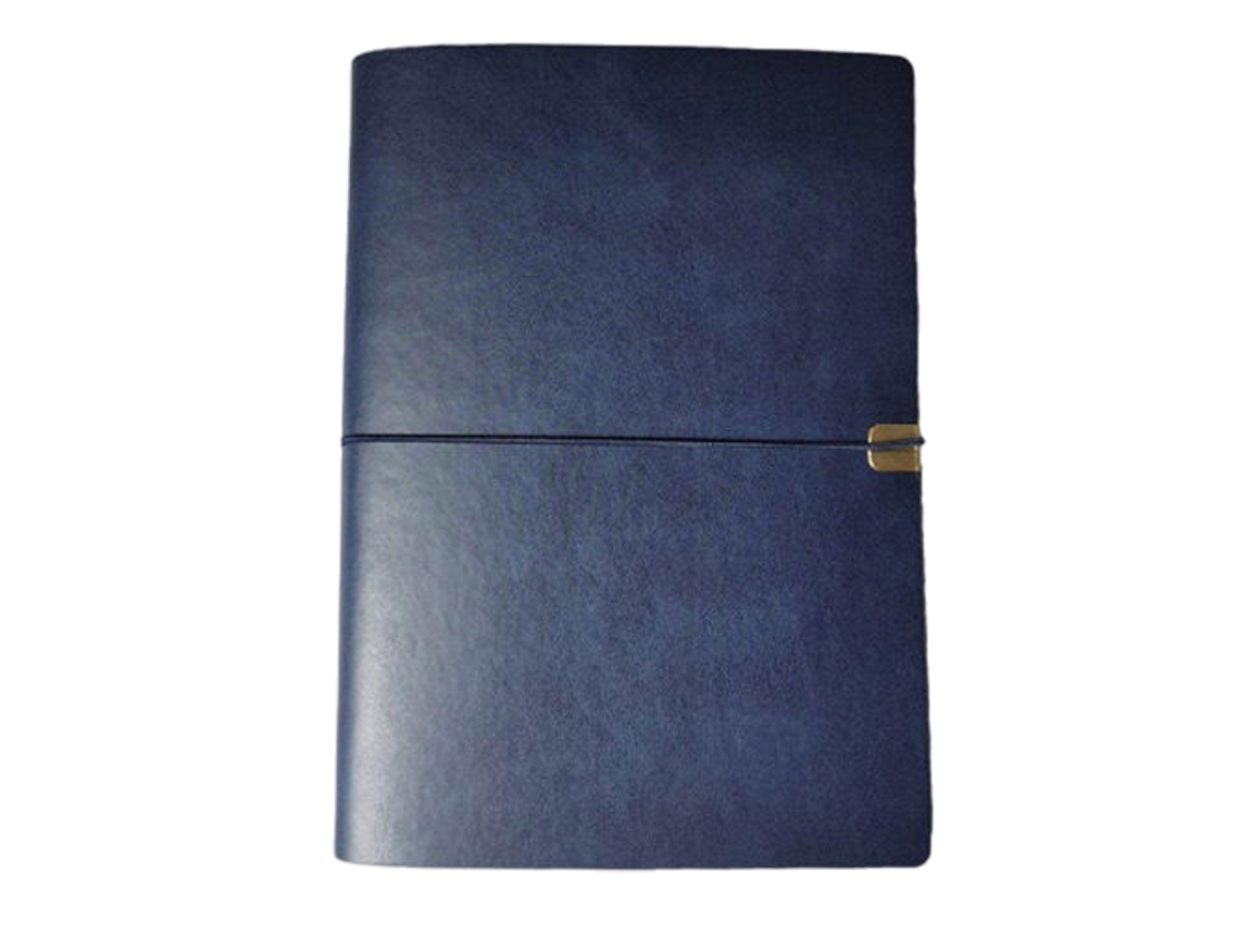 Libreta A5, cubierta de cuero sintético con 6 anillas y banda elástica, recargable con hojas sueltas.