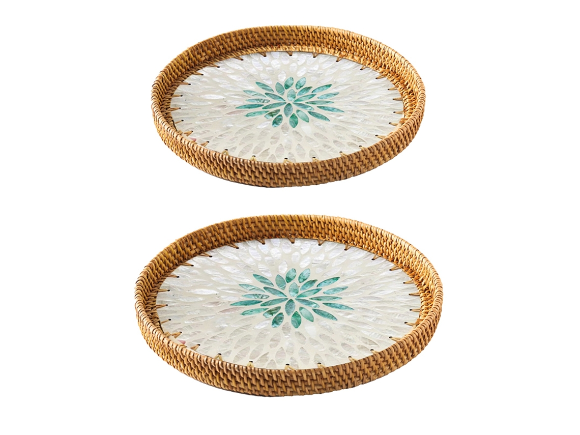 2 Platos De Mimbre Hechos A Mano Con Conchas Coloridas, Ideales Para Aperitivos En La Sala De Estar.