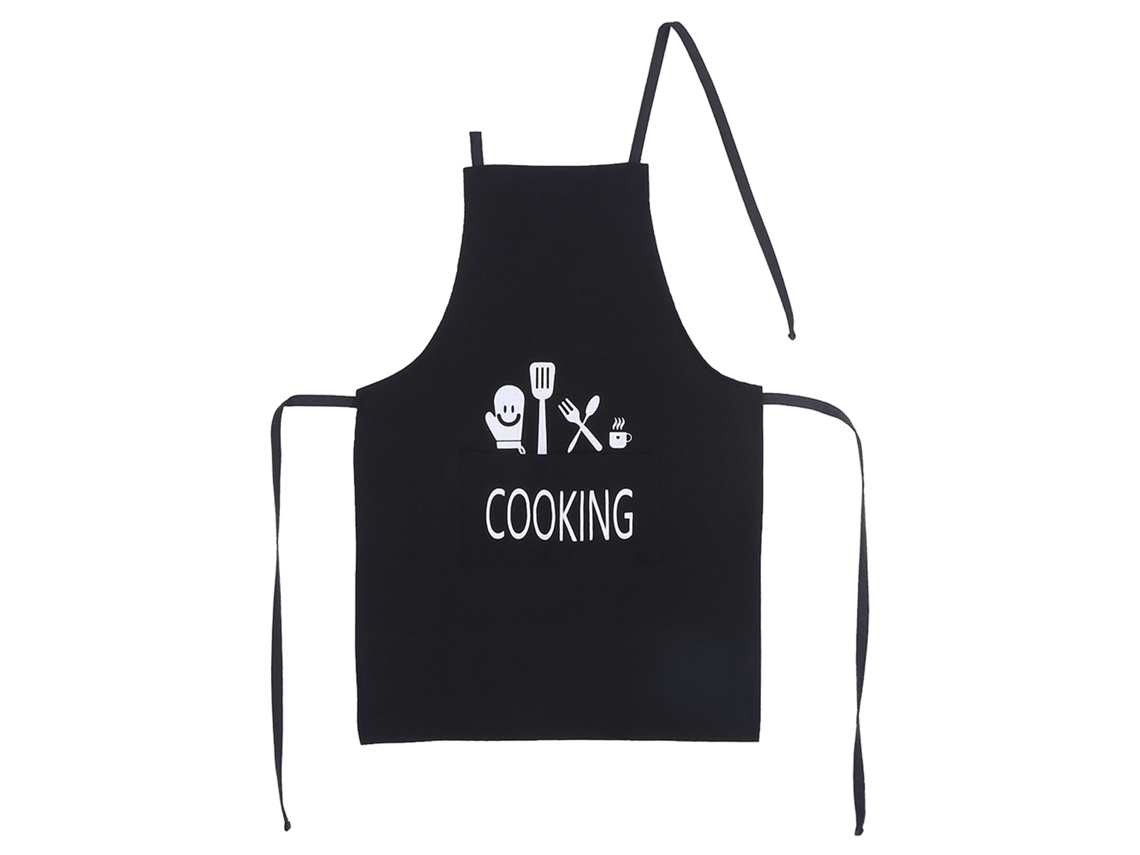 Delantal Unisex De Color Negro Con Estampado De Dibujos Animados Y Bolsillo Para Cocina Y Restaurante