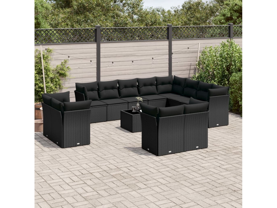 Conjunto de sofá de jardín de 13 piezas con cojines de mimbre sintético negro, Dkd Home Decor