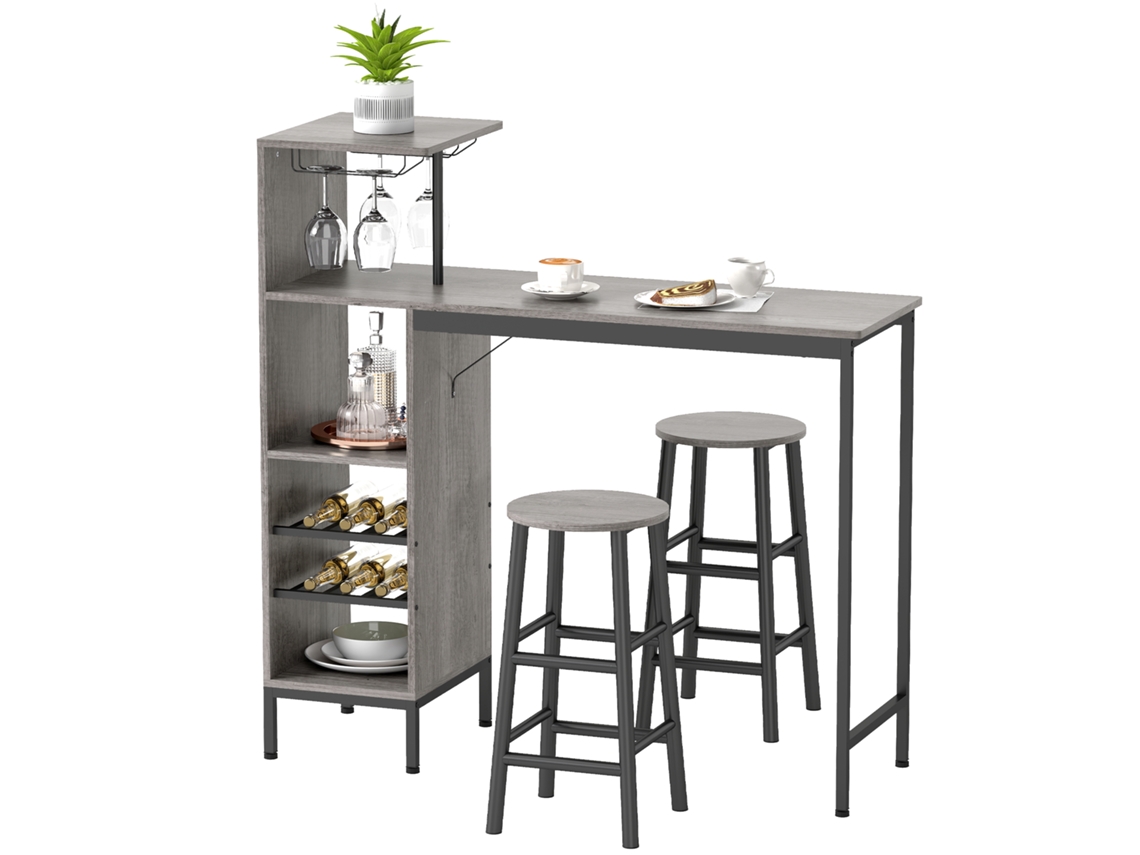 Juego de mesa de bar con taburetes, mesa de comedor alta con 2 taburetes, estantes, botellero, madera natural.