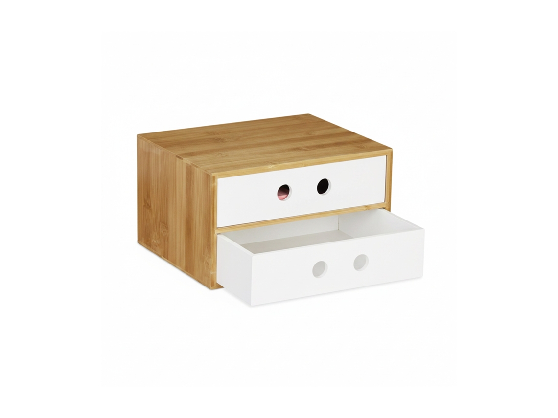 Organizador De Mesa Relaxdays, 2 Gavetas, Bambu E Mdf, Caixa Para Escritório, A X L X P: 14 X 25 X 20 Cm, Branco