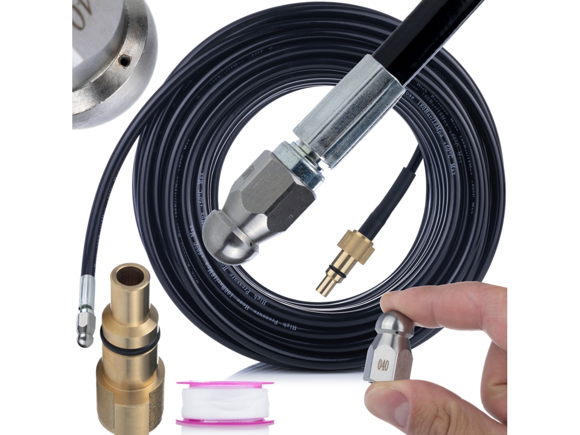 Manguera de limpieza Alcantarilla de 2 m – Boquilla intercambiable | 2 bar, 6 °C | Compatible con Lavor