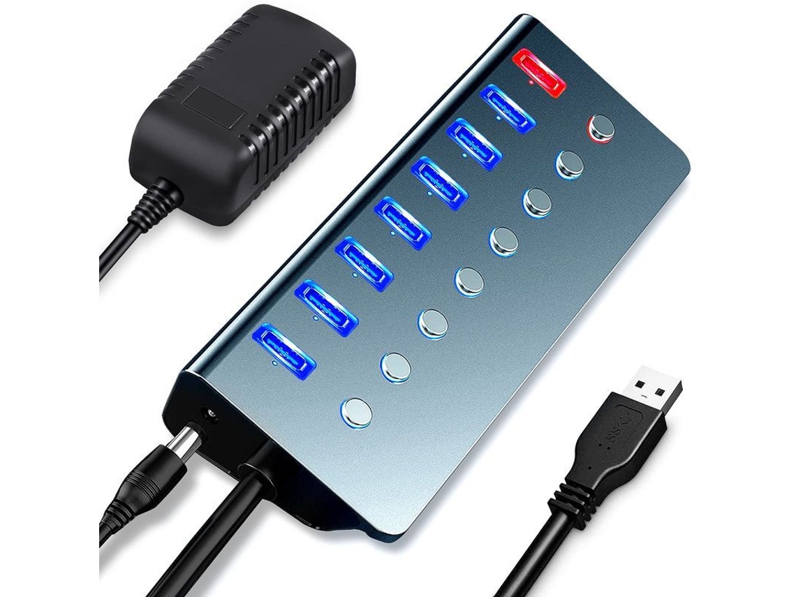 Concentrador Usb Con Fuente De Alimentación, 7 Puertos Usb 3.0 | 1 Puerto De Carga Inteligente | Expansor De Puertos Usb Múltiples