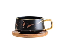 Juego de tazas de café expreso de 300 ml, taza de capuchino de mármol con platillo, taza de porcelana, platillo, cuchara, negro NEVEANCE