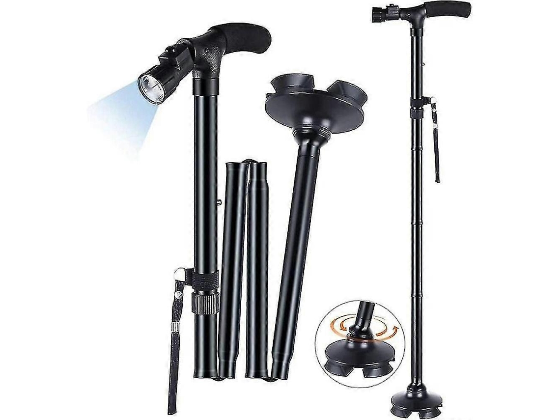Bastón plegable con luz LED, Versailles, ajustable en altura, para personas mayores, plegable y portátil - Negro