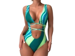 Traje de baño verde, talla L, de una pieza, tirantes anchos, escote en V profundo.