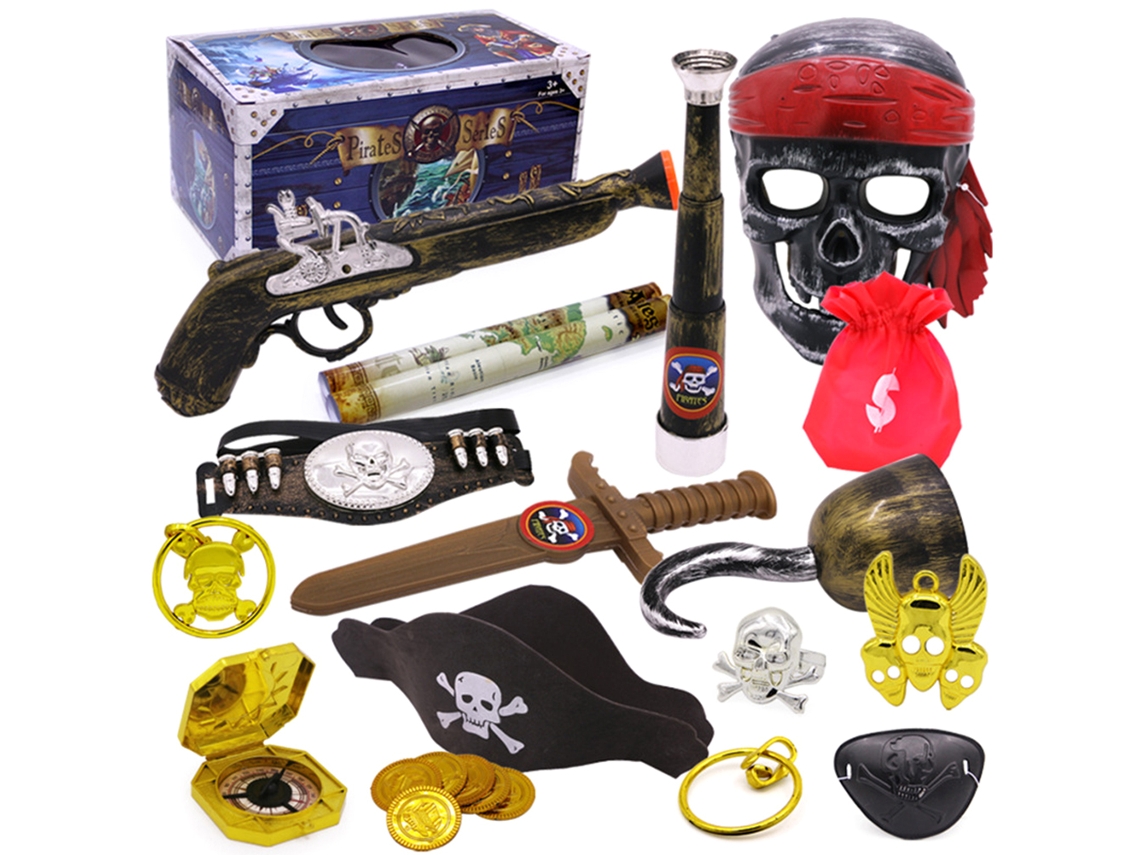 Dan26-21 Piezas/set Disfraz Pirata Halloween Con Espadas Brújulas Máscaras Sombreros Monedas Joyería Juguete Caja Tesoro Niños