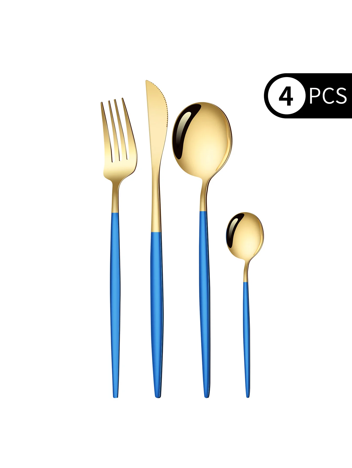 Juego de cubiertos de acero inoxidable: cuchillo, tenedor y cuchara. MDUG (azul y dorado)
