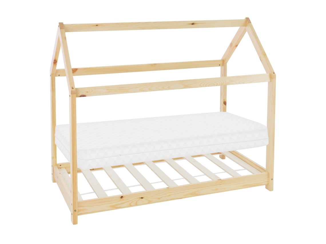 Cama infantil casa ML-Design 80x160 cm color natural con colchón de espuma y proteccion