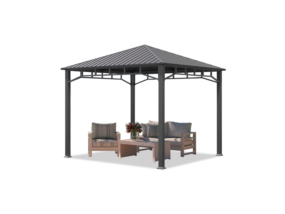 Pérgola de jardín de 3x3 m, techo de acero macizo, perfil de aprox. 9x9 cm.