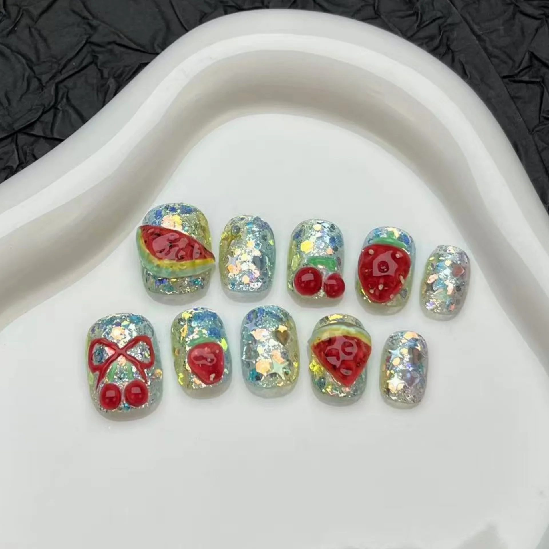 (487-m) 10 Piezas De Uñas Postizas Hechas A Mano Con Diseño De Ojo De Gato, Cortas, Cuadradas Y Redondas, Para Pegar.