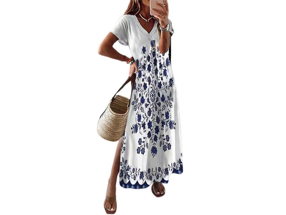 2026-vestido Largo De Manga Corta Impreso Para Mujer Con Cuello En V, Holgado Y Slit, Talla Plus