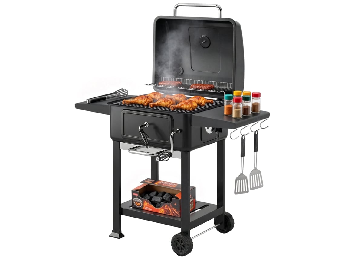 Tapa de ahumador de carbón, termómetro, chimenea, parrilla, mesa auxiliar, cenizas