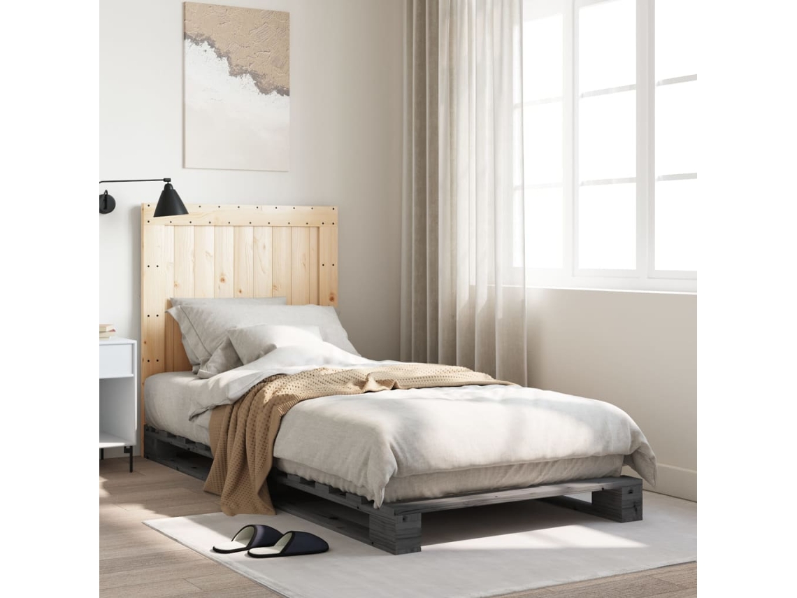 Estructura De Cama Con Cabecero Madera De Pino Gris 90x200 Cm