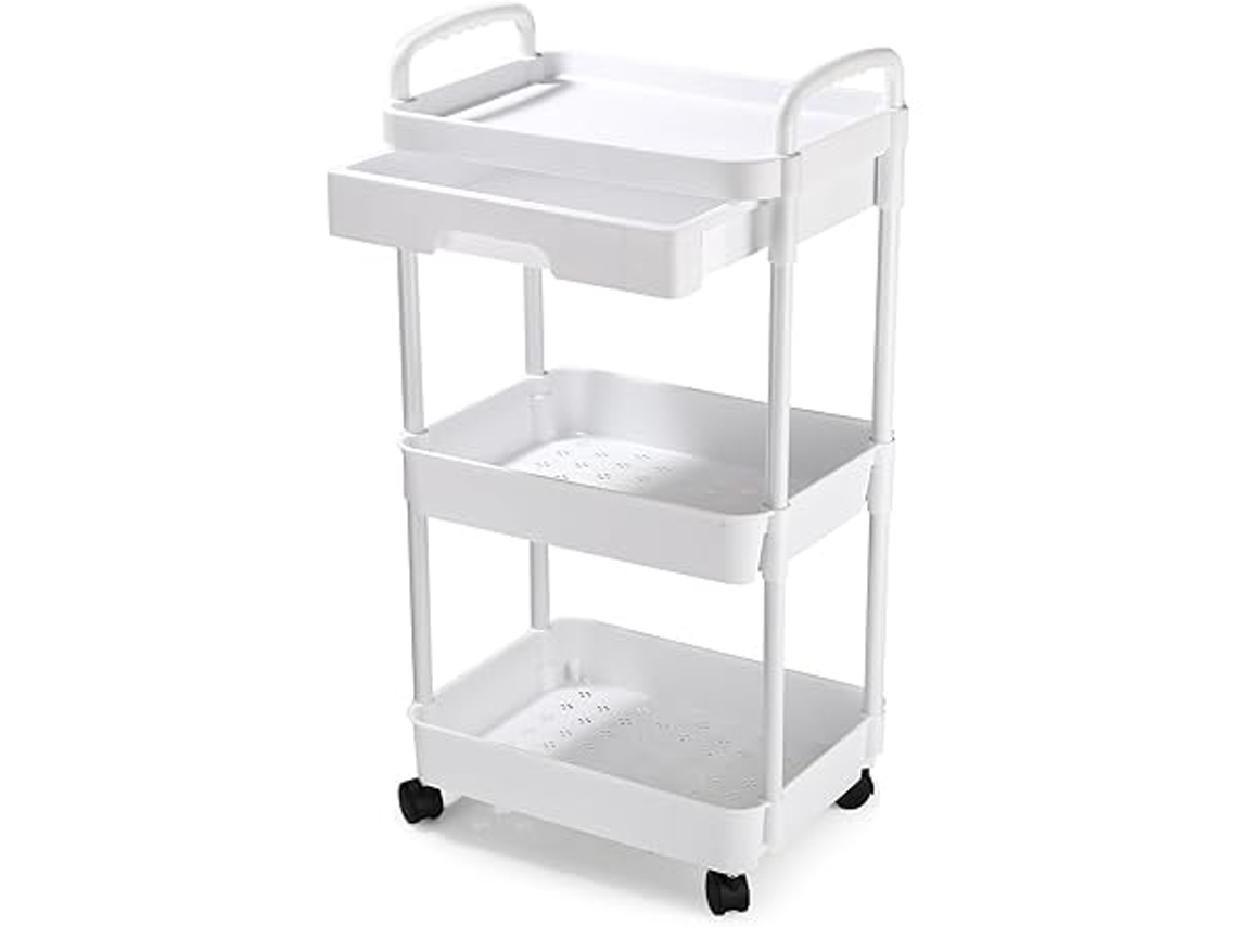 Carro de tres estantes con ruedas, ganchos y ruedas giratorias con freno, fácil de montar, ideal para baños y oficinas.