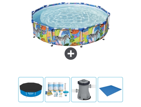 Piscina BESTWAY Round Steel Pro - 305 x 66 cm - Estampado Selva - Incluida Cubrir - Paquete de mantenimiento - Bomba - Suelo