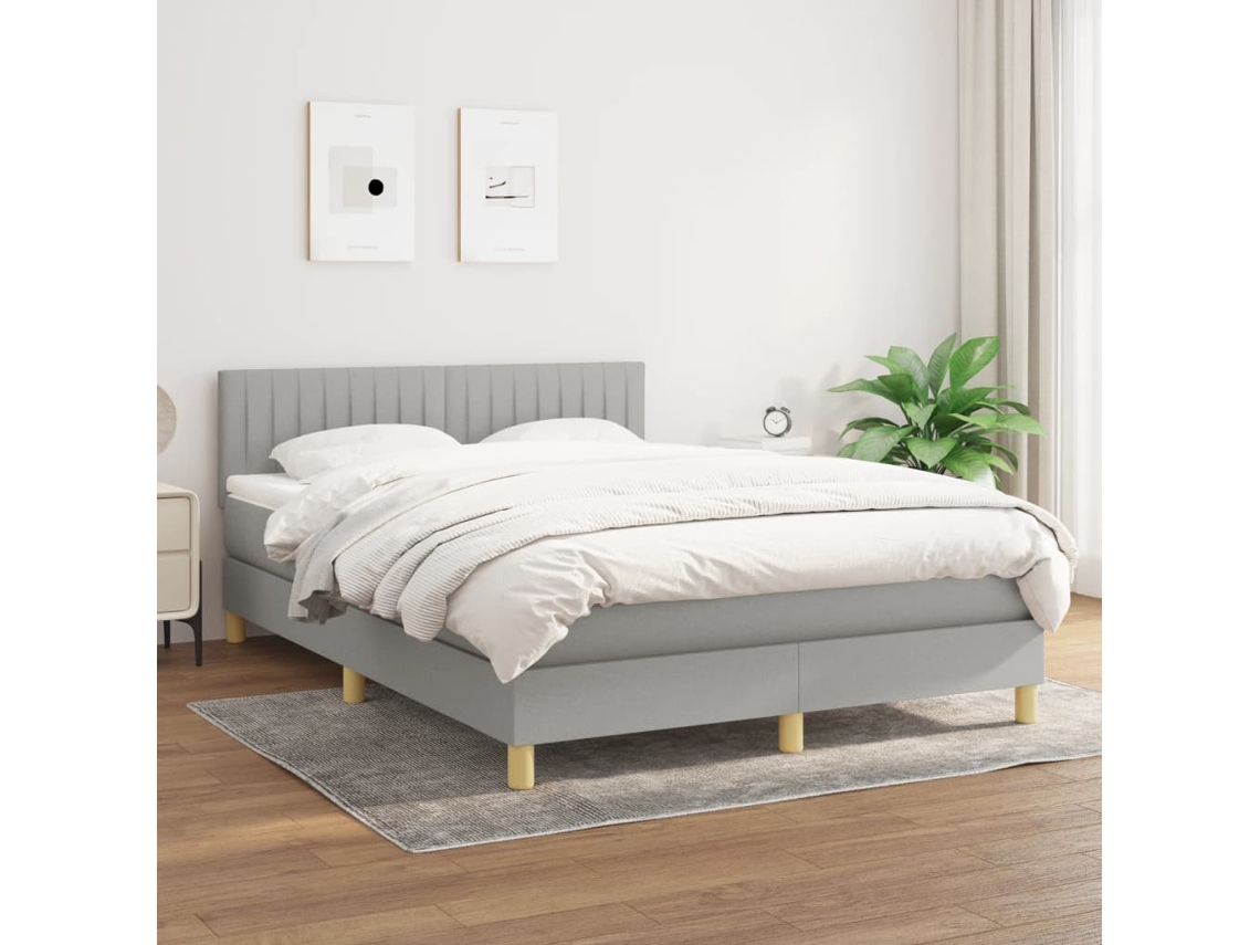 Cama Box Spring Con Colchón Tela Gris Claro 140x190 Cm