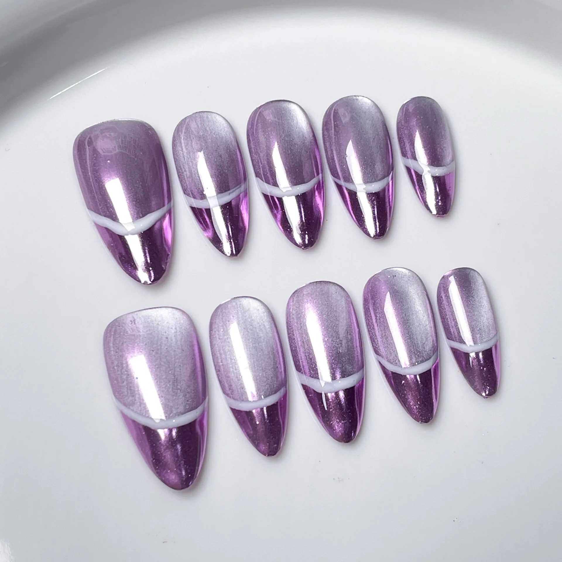 (510-s) Juego De 10 Uñas Postizas Sencillas Hechas A Mano, Reutilizables.