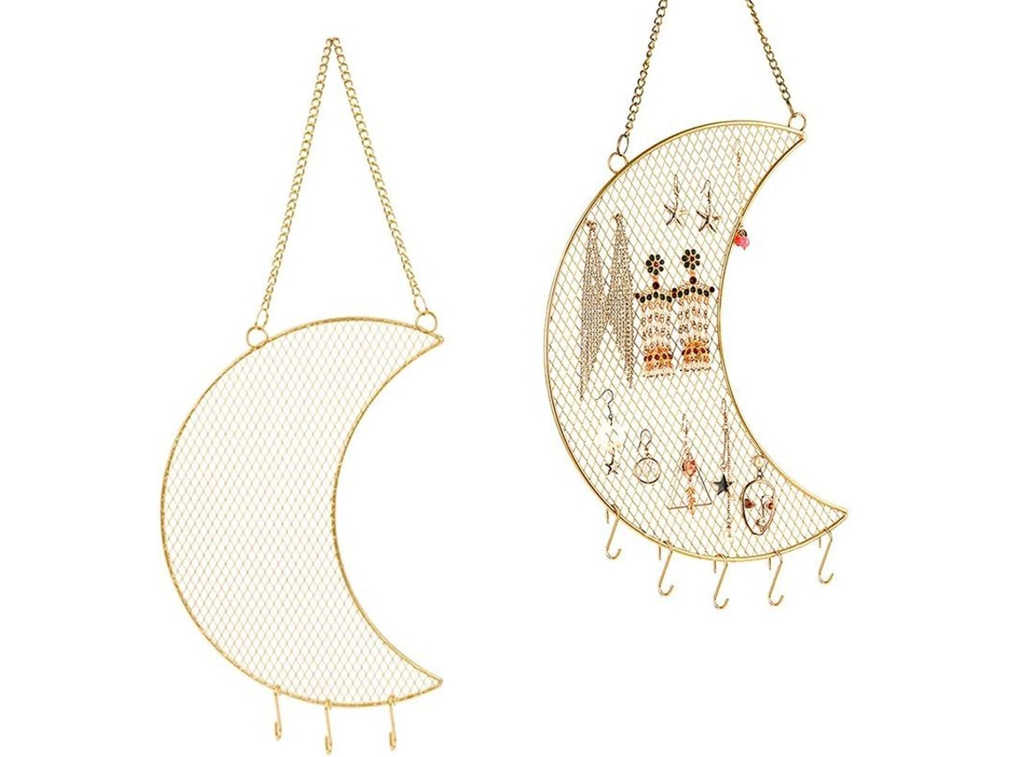 Porta Aretes Colgante De Pared Moon, Rack Con Ganchos Para Joyas Oro Metal