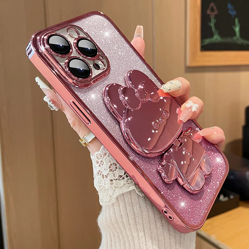 (para Iphone 11 Rosa) Funda Para Teléfono Con Diseño De Conejo Con Efecto Espejo Y Acabado Degradado, Con Soporte, Material Tpu Suave.